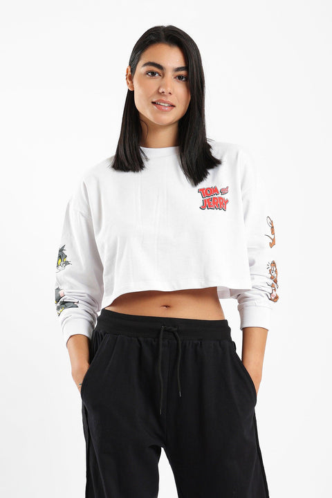 Cropped Sweatshirt with Printed Sleeves - Clue Wear