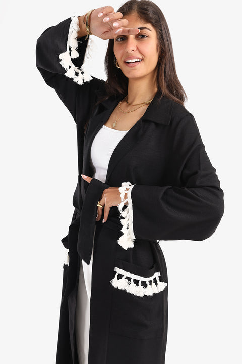 Belted Kimono with Fringed Trim