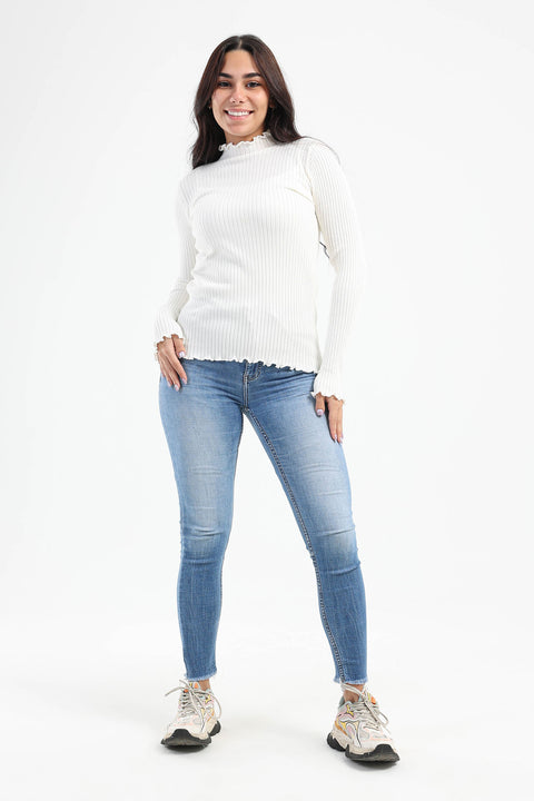 Ruffle Edges Ribbed Pullover