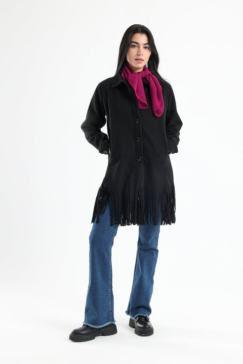 Wool Shirt with Pockets And Fringed Hem