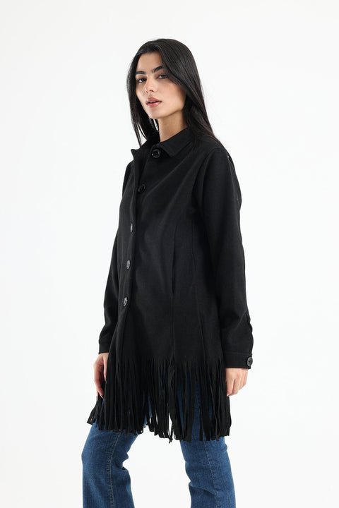 Wool Shirt with Pockets And Fringed Hem