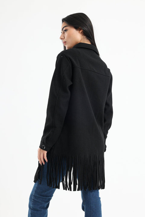 Wool Shirt with Pockets And Fringed Hem