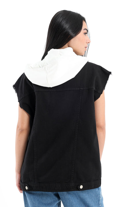 Denim Vest With Hooded Collar