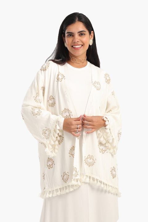 Printed Cardigan with Fringes