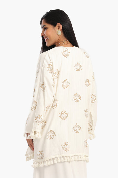 Printed Cardigan with Fringes