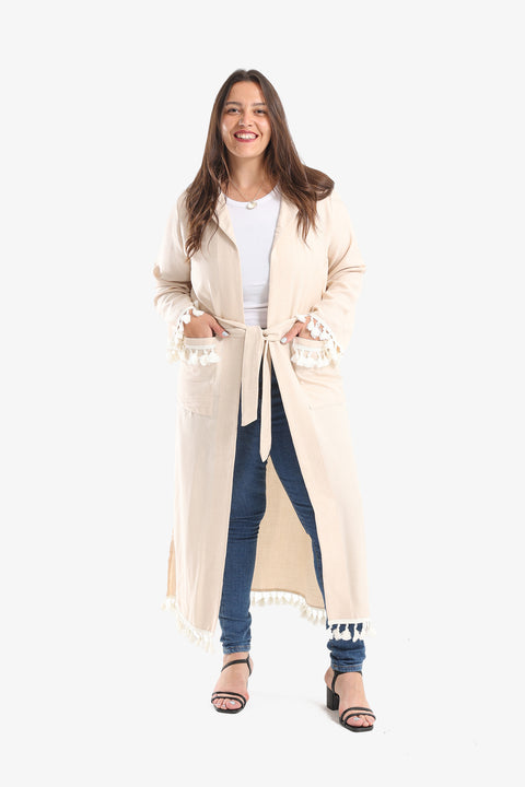 Belted Kimono with Fringed Trim